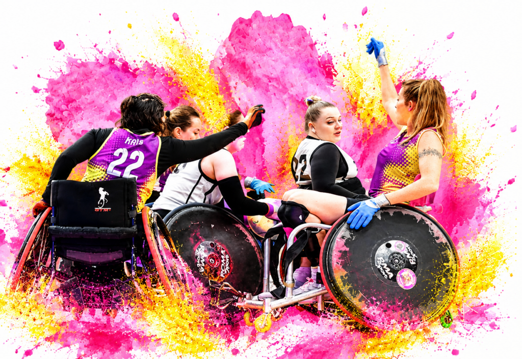 Joueuses de rugby fauteuil célébrant ensemble lors d'un match